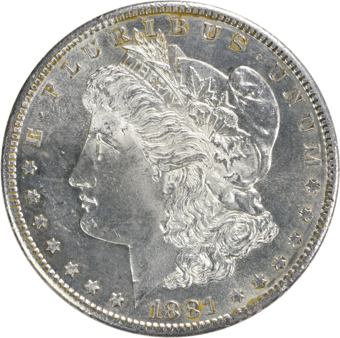 Choice BU 1881 San Francisco Morgan Silver Dollar Uncertified: Choice BU 1881 San Francisco Morgan Silver Dollar Uncertified This 1881-S Morgan Silver Dollar is a Choice Brilliant Uncirculated coin, featuring a silver composition and struck at the San Francisco M