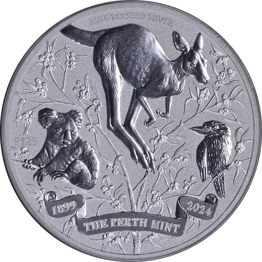 PCGS MS70 2024 Perth Mint 125th Anniversary 1 oz Silver Dollar Australia: PCGS MS70 2024 Perth Mint 125th Anniversary 1 oz Silver Dollar Australia This 2024 Australia 1 Ounce Silver $1 coin commemorates the Perth Mint's 125th Anniversary. Struck from 0.999 fine silver, the 