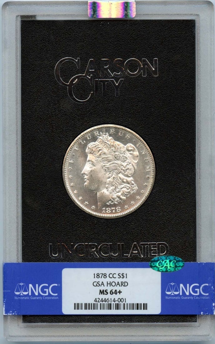 NGC MS64 Plus CAC 1878 Carson City Morgan Dollar GSA Hoard Silver $1: NGC MS64 Plus CAC 1878 Carson City Morgan Dollar GSA Hoard Silver $1 This is an 1878-CC Morgan Dollar from the GSA Hoard, certified by NGC with a grade of MS64+ and verified by CAC. The coin is uncirc