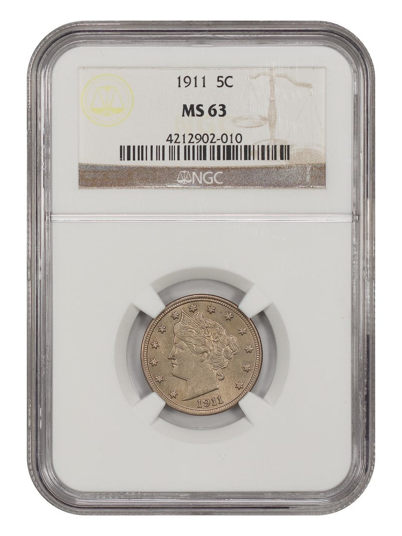 NGC MS63 1911 Liberty Nickel 5C: NGC MS63 1911 Liberty Nickel 5C 1911 Liberty Nickel, denomination 5C, struck in Philadelphia and certified by NGC as MS63. The coin is uncirculated and pre-owned, with certification number 4212902010.