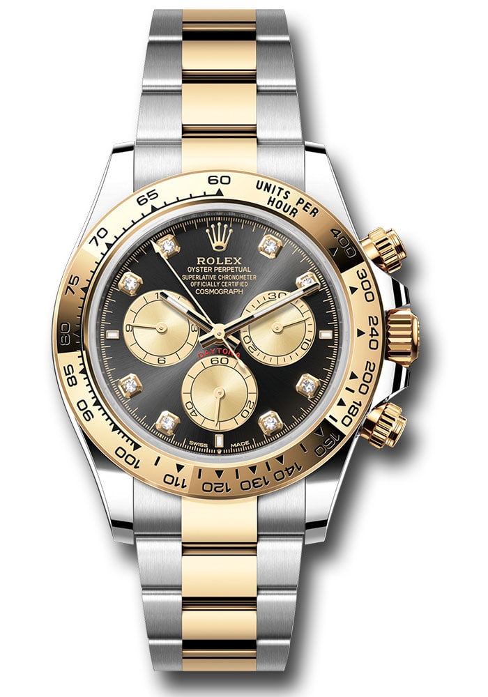 Rolex Daytona 126503 Oyster Bracelet Black Gold Diamond Dial: Rolex Daytona 126503 Oyster Bracelet Black Gold Diamond Dial This Rolex Daytona features a striking black and golden dial adorned with diamond hour markers. The watch is equipped with a fixed bezel an