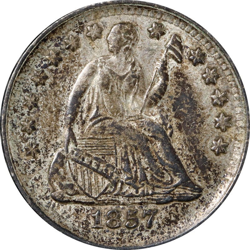 1857 P Silver Seated Liberty Half Dime: 1857 P Silver Seated Liberty Half Dime This is an 1857-P Seated Liberty Half Dime from the United States. The coin is composed of silver with a fineness of 0.9 and is in circulated, pre-owned conditio