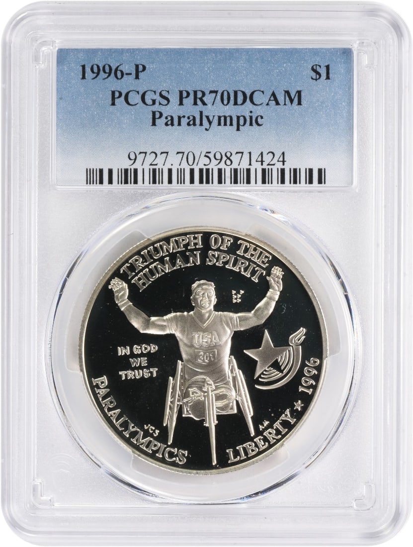 PCGS PR70DCAM 1996-P Paralympic Silver Dollar Wheelchair Design: PCGS PR70DCAM 1996-P Paralympic Silver Dollar Wheelchair Design This 1996-P Paralympic Commemorative Dollar is a silver proof coin issued by the United States to honor the Paralympic Games. It feature