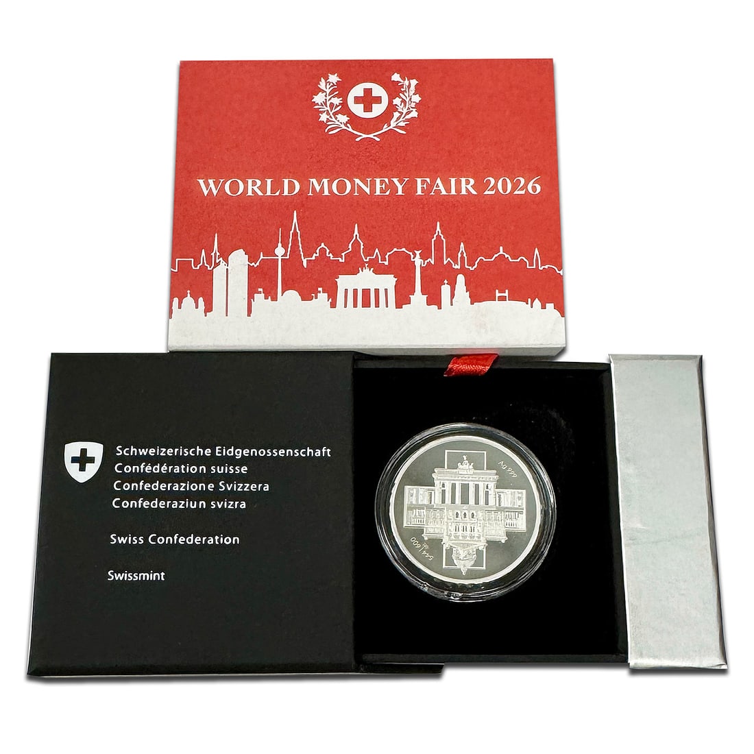 World Money Fair Berlin 2026 Silver Medal in Box High Relief: World Money Fair Berlin 2026 Silver Medal in Box High Relief A pre-owned silver high relief medal minted for the World Money Fair in Berlin 2026. The design features the Brandenburg Gate on the bottom