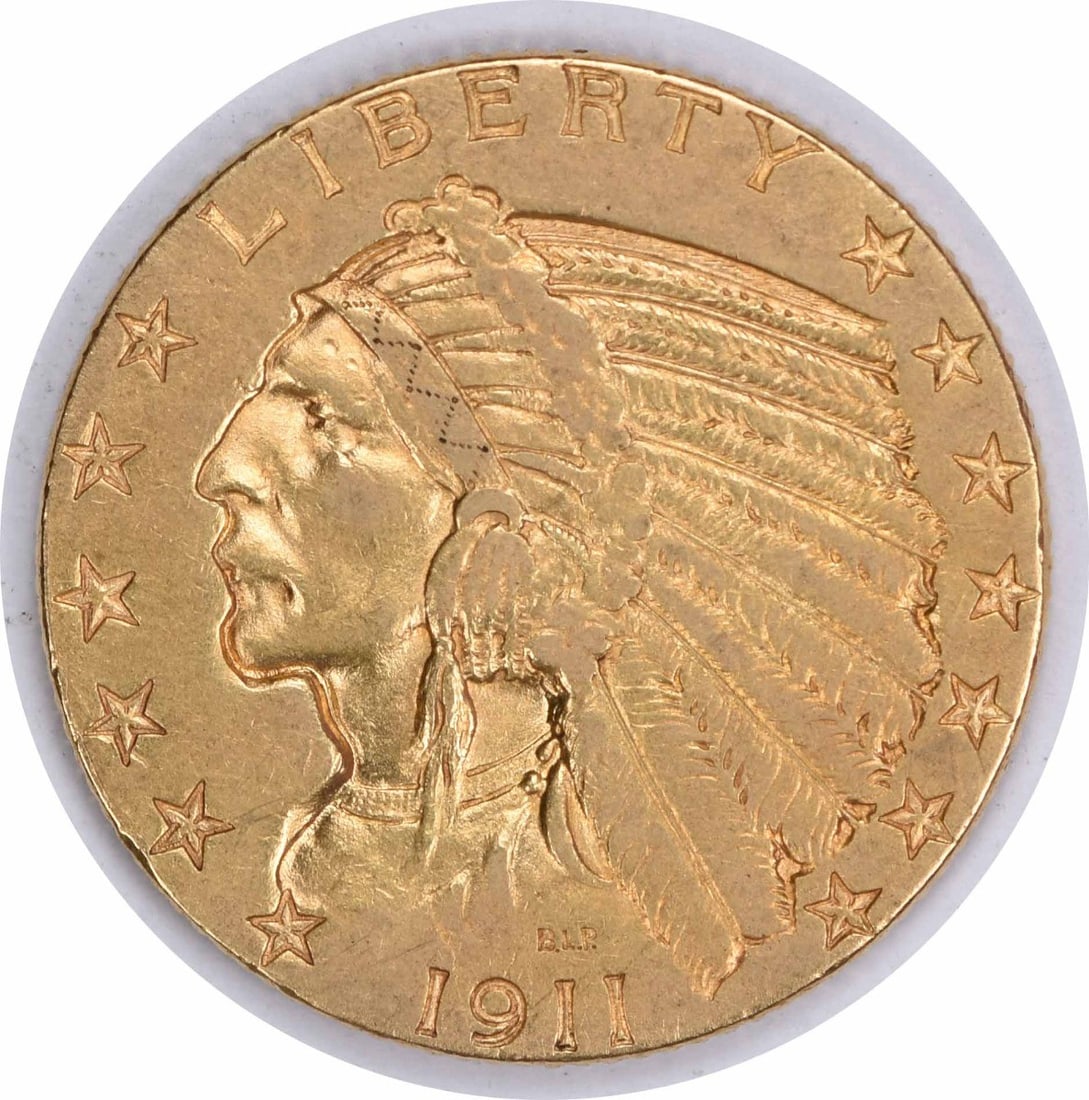 1911 $5 Gold Indian Coin by Bela Lyon Pratt XF: 1911 $5 Gold Indian Coin by Bela Lyon Pratt XF This 1911 $5 Gold Indian coin showcases the exquisite design by Bela Lyon Pratt, featuring a Native American chief in profile. Struck at the Philadelphia