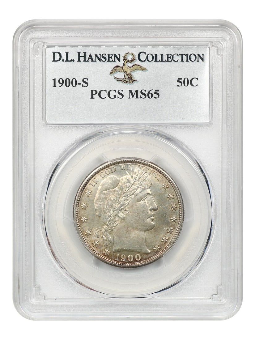 PCGS MS65 1900-S Barber Half Dollar 50C ex D.L. Hansen: PCGS MS65 1900-S Barber Half Dollar 50C ex D.L. Hansen 1900-S Barber Half Dollar graded PCGS MS65 and housed in a protective slab. This uncirculated example is a better-date San Francisco issue with p
