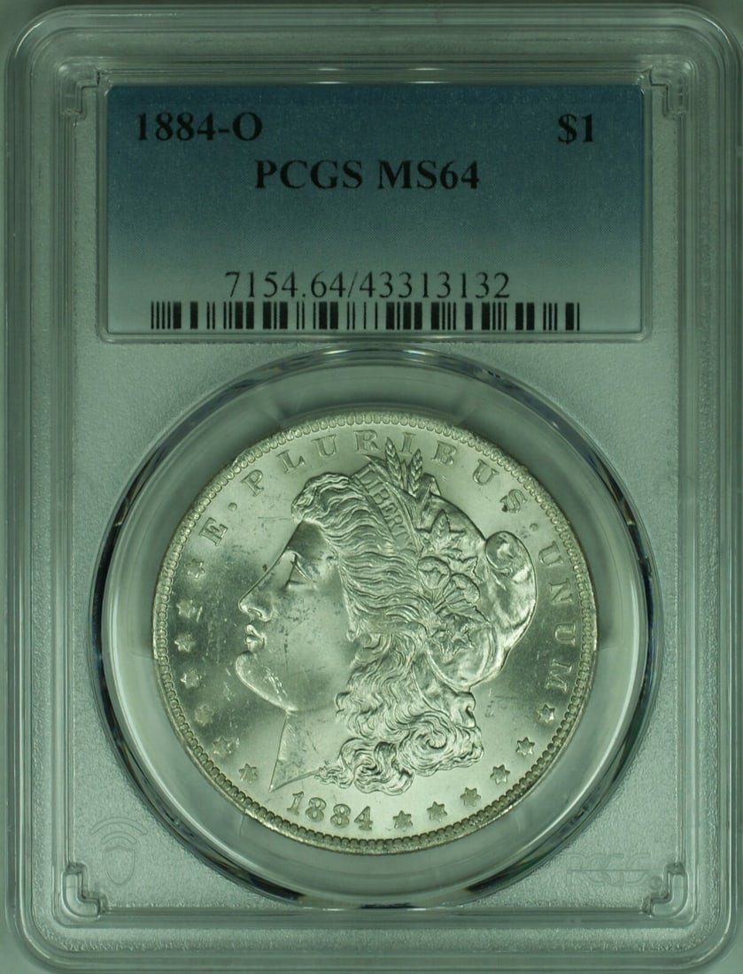 PCGS MS-64 1884-O Morgan Silver Dollar Uncirculated New Orleans Mint: PCGS MS-64 1884-O Morgan Silver Dollar Uncirculated New Orleans Mint This 1884-O Morgan Silver Dollar is a $1 coin minted in New Orleans. Certified by PCGS with a grade of MS-64, it is composed of sil