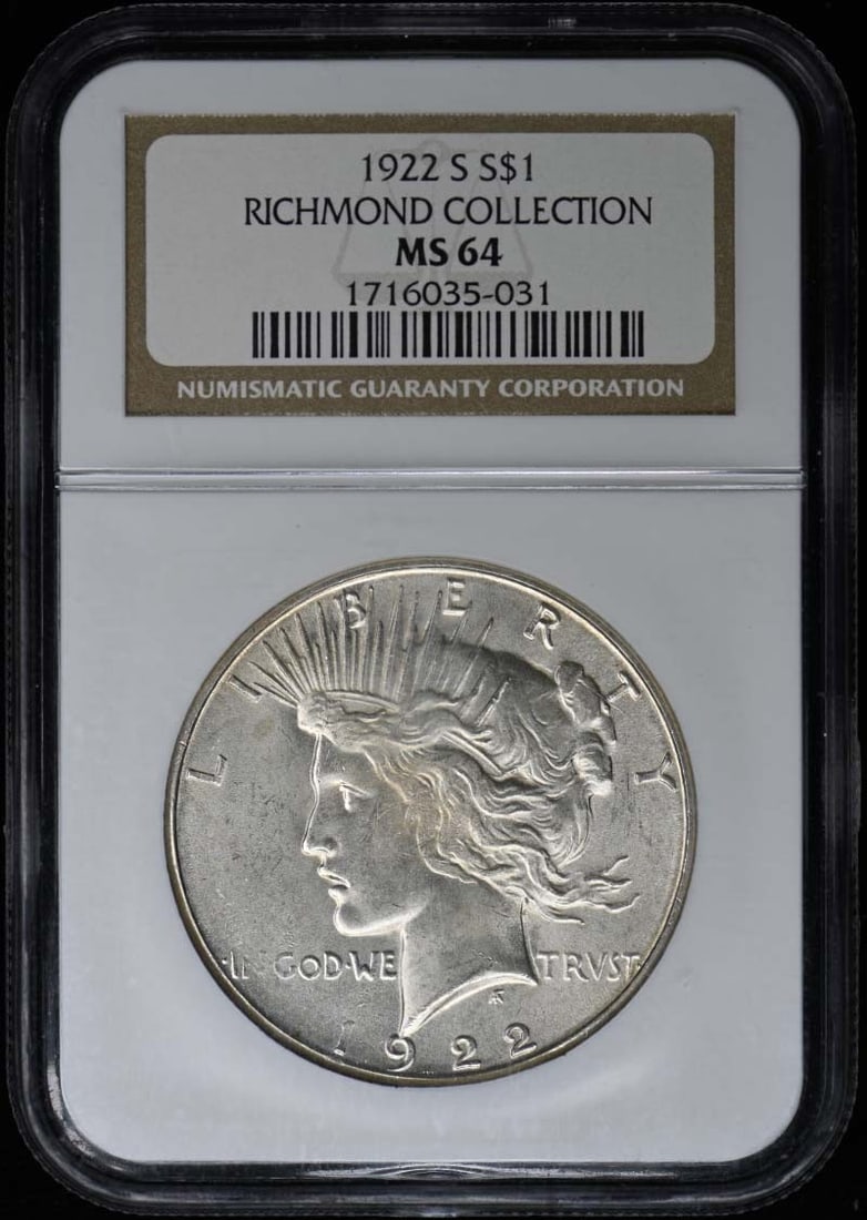 1922-S Peace Dollar Uncirculated NGC MS64 Certified Coin: 1922-S Peace Dollar Uncirculated NGC MS64 Certified Coin This 1922-S Peace Dollar is a remarkable addition to any coin collection, renowned for its stunning design and historical significance. Graded 