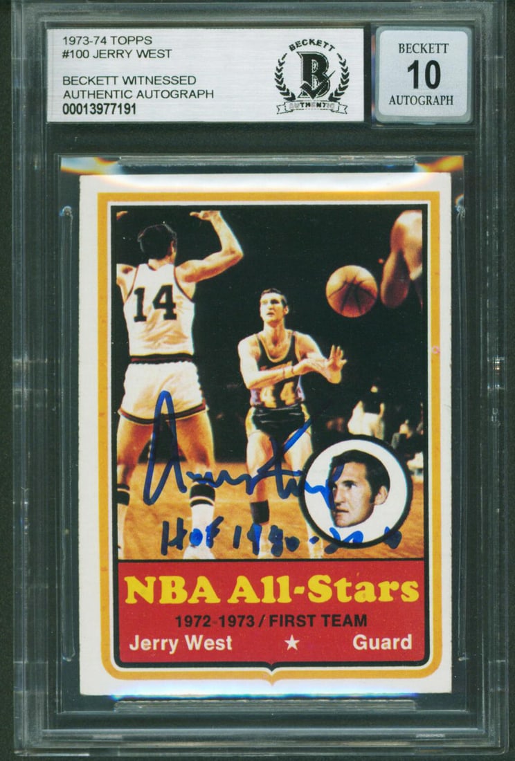 Jerry West Signed 1973 Topps #100 Card Gem Mint 10 Beckett: Jerry West Signed 1973 Topps #100 Card Gem Mint 10 Beckett Celebrate basketball history with this authentic 1973 Topps #100 card, personally signed by Jerry West, the legendary player of the Los Angel