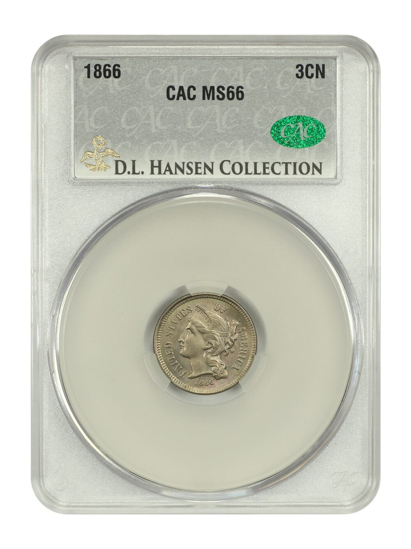 1866 Three Cent Nickel 3CN CACG MS66 Philadelphia Issue: 1866 Three Cent Nickel 3CN CACG MS66 Philadelphia Issue An 1866 Three Cent Nickel graded MS66 and certified by CACG. This uncirculated Philadelphia issue is a superb gem with fascinating triple die cl