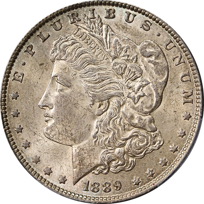 1889 Philadelphia Morgan Dollar Silver PCGS MS63 with Subtle Toning: 1889 Philadelphia Morgan Dollar Silver PCGS MS63 with Subtle Toning This is an 1889-P Morgan Silver Dollar graded MS63 by PCGS. The coin is uncirculated and features light, even toning. It is composed
