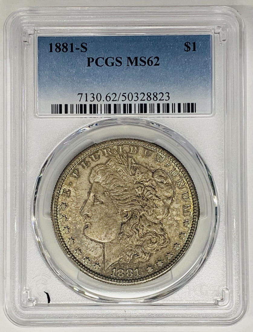 PCGS MS62 1881-S Morgan Silver Dollar with Attractive Toning: PCGS MS62 1881-S Morgan Silver Dollar with Attractive Toning This is an 1881-S Morgan Silver Dollar coin from the United States, featuring a toned finish. The coin is uncirculated and has been graded 