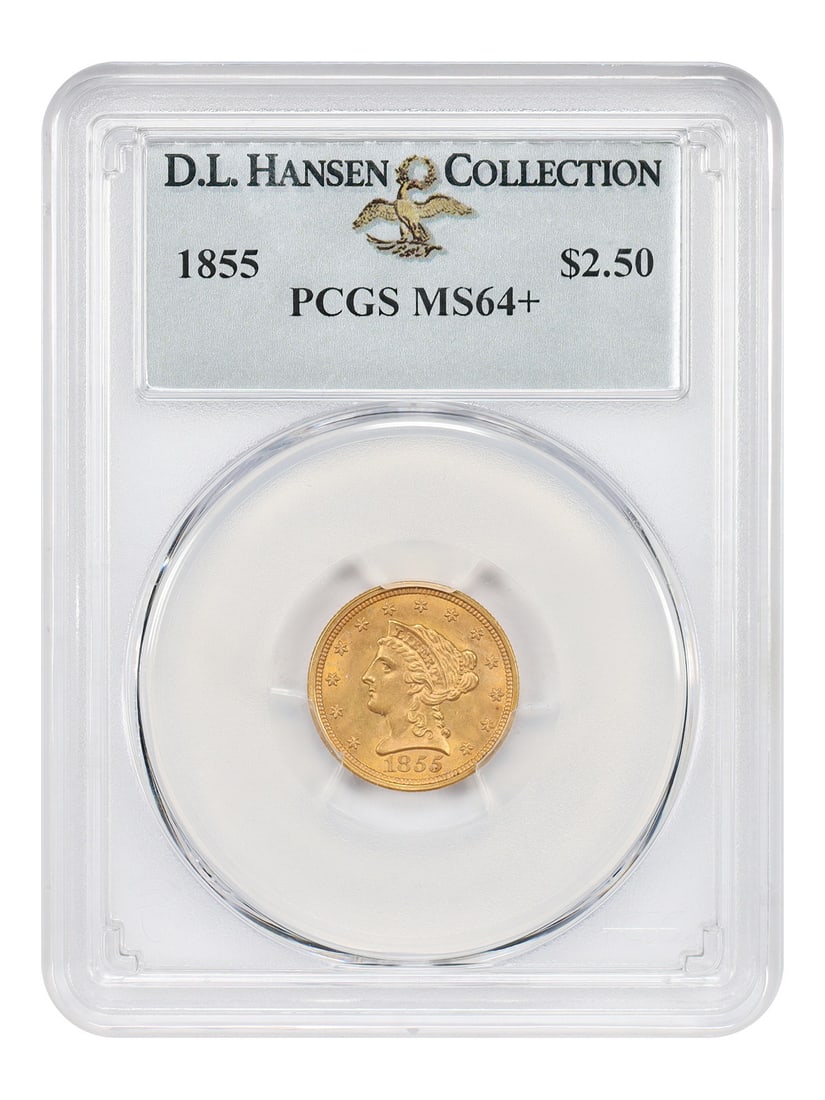 1855 Liberty Head $2.50 Gold Coin PCGS MS64+ ex D.L. Hansen: 1855 Liberty Head $2.50 Gold Coin PCGS MS64+ ex D.L. Hansen 1855 Liberty Head $2.50 coin certified by PCGS as MS64+. The piece is from Philadelphia and is uncirculated. It is described as a near-gem w
