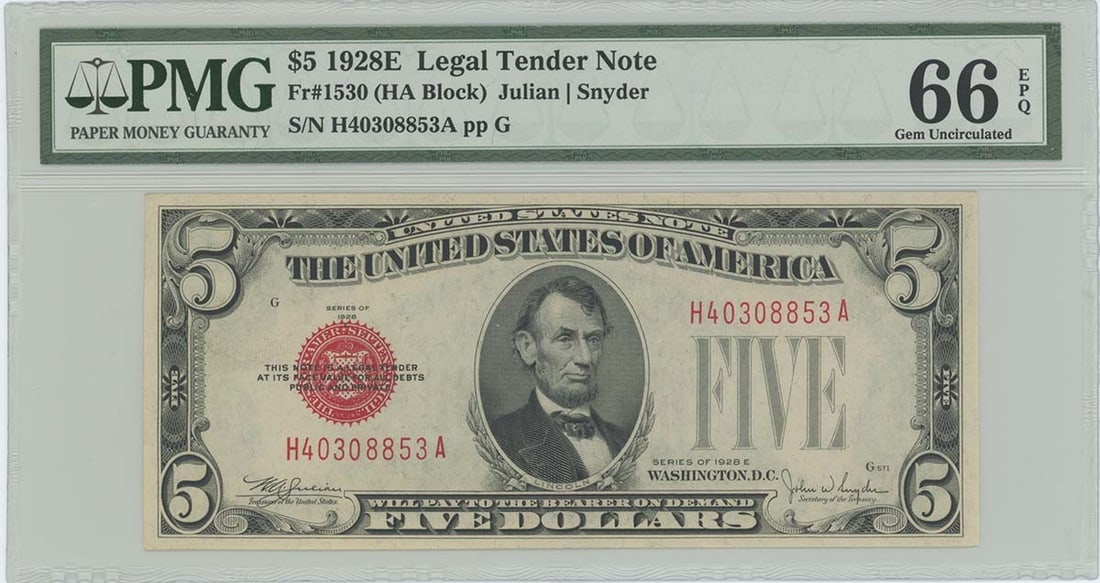 1928E $5 Legal Tender Note FR#1530 PMG 66 Gem EPQ HA Block: 1928E $5 Legal Tender Note FR#1530 PMG 66 Gem EPQ HA Block This 1928E $5 Legal Tender Note (FR#1530) is a stunning example of American currency, graded PMG 66 Gem EPQ, ensuring its high quality and ex