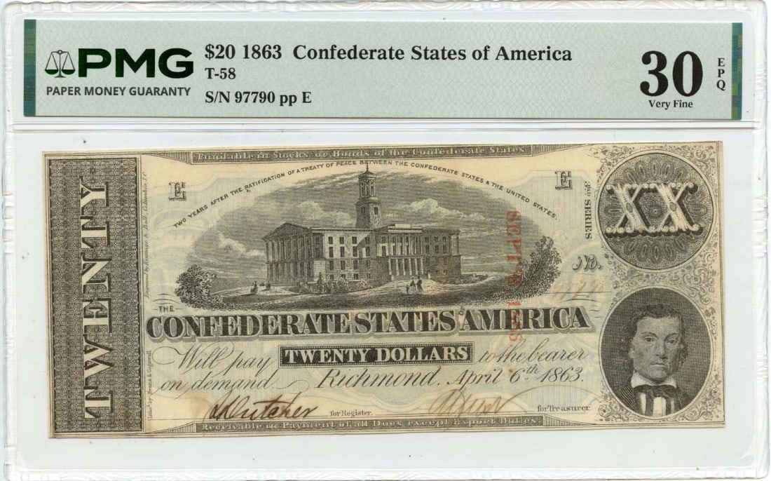 1863 Confederate States T-58 PMG VF30 EPQ $20 Note (1 of 2)