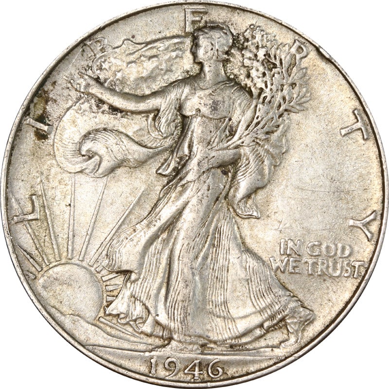 Silver 1946 Philadelphia Walking Liberty Half Dollar Doubled Die Reverse Variety: Silver 1946 Philadelphia Walking Liberty Half Dollar Doubled Die Reverse Variety This is a 1946-P Walking Liberty Half Dollar featuring a doubled die reverse. The coin is composed of 90% silver and wa