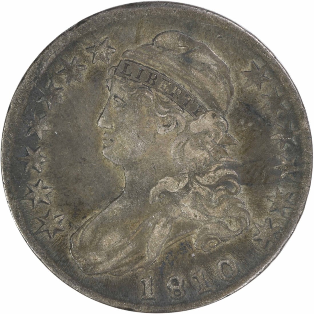 1810 Philadelphia 50C Bust Half Dollar VF Silver Uncertified: 1810 Philadelphia 50C Bust Half Dollar VF Silver Uncertified This 1810 Bust Half Dollar is a circulated coin graded VF (Very Fine). Minted in Philadelphia, it features the design by John Reich and is 