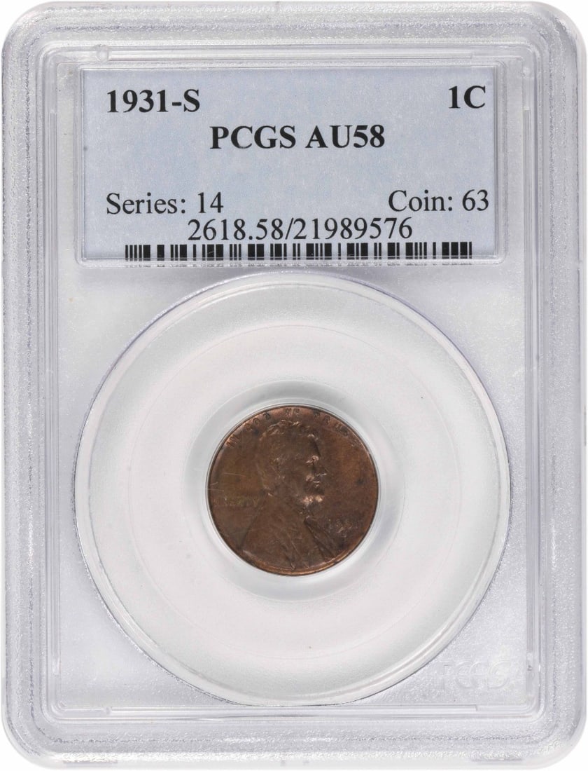 PCGS AU58 1931 S Lincoln Wheat Small Cent: PCGS AU58 1931 S Lincoln Wheat Small Cent 1931-S Lincoln Wheat Cent graded AU58 by PCGS. This pre-owned coin is made of copper and was struck in the United States. It is identified as a circulated exa
