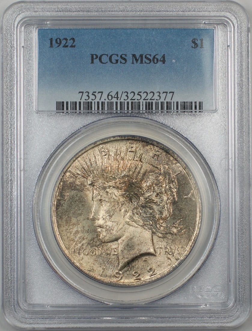 PCGS MS64 1922 Peace Dollar Silver Coin Philadelphia Mint Toned: PCGS MS64 1922 Peace Dollar Silver Coin Philadelphia Mint Toned This 1922 Silver Peace Dollar features a $1 denomination and has been graded MS-64 by PCGS. The coin is composed of silver, was minted i