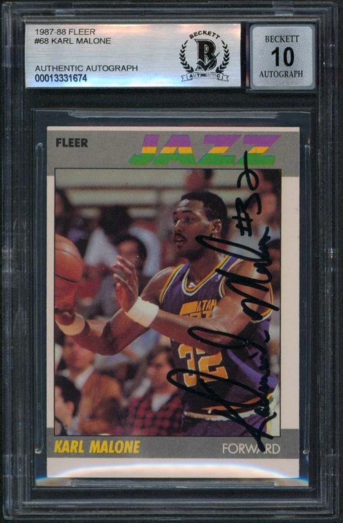 Karl Malone Signed 1987 Fleer #68 Card Gem Mint 10 Beckett Authenticated: Karl Malone Signed 1987 Fleer #68 Card Gem Mint 10 Beckett Authenticated This is a remarkable 1987 Fleer #68 card personally signed by NBA legend Karl Malone, featuring his vintage signature. Graded G