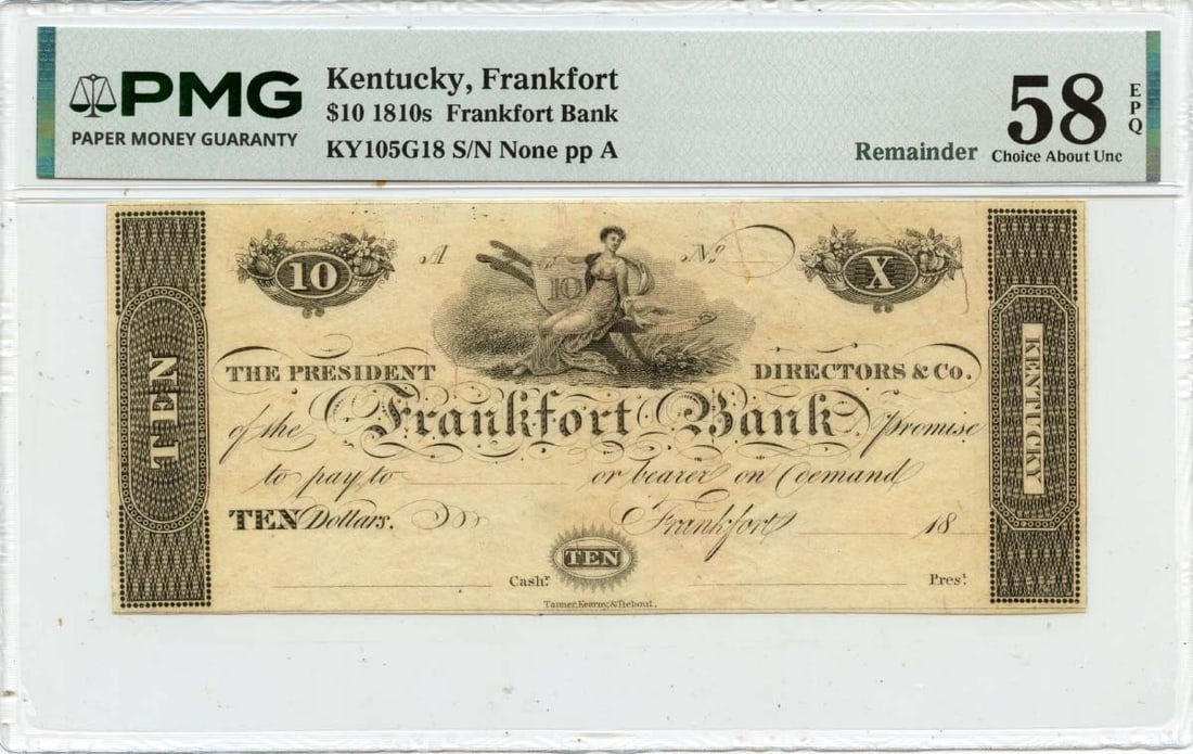 Frankfort Bank Kentucky $10 Obsolete Currency PMG AU58 EPQ: Frankfort Bank Kentucky $10 Obsolete Currency PMG AU58 EPQ This is an 1810s $10 obsolete banknote issued by the Frankfort Bank in Frankfort, Kentucky. The note has been certified by PMG with a grade o