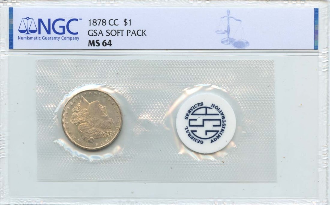 NGC MS64 1878 Carson City Morgan Dollar GSA Soft Pack: NGC MS64 1878 Carson City Morgan Dollar GSA Soft Pack This is an 1878-CC Morgan Dollar from the Carson City Mint, presented in a GSA soft pack. The coin is graded MS64 by NGC and is uncirculated. It o