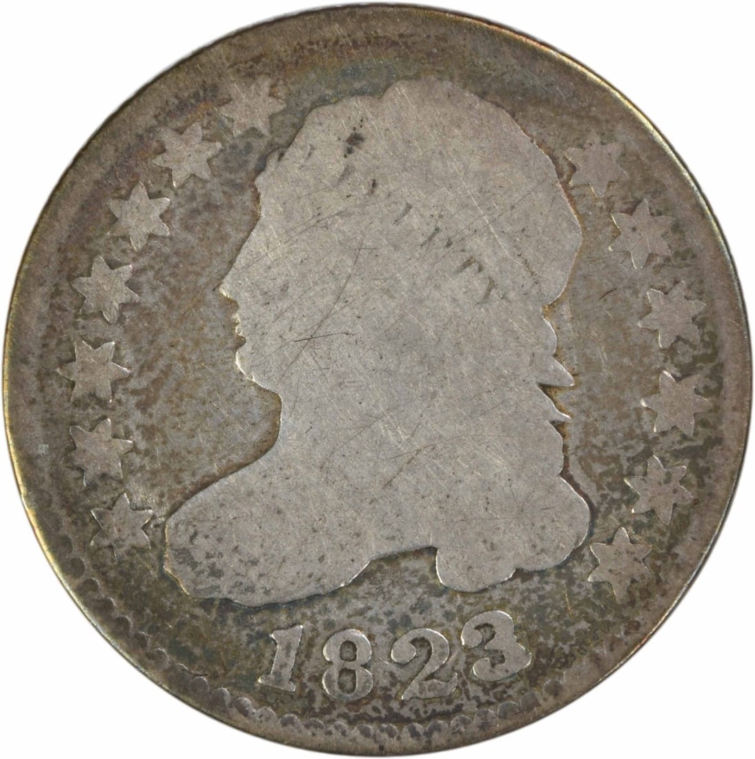 Capped Bust 1823 Over 2 Dime Philadelphia Uncertified Silver Coin: Capped Bust 1823 Over 2 Dime Philadelphia Uncertified Silver Coin This is an 1823/2 Capped Bust silver dime from the United States, featuring the large 'E' variety. Designed by John Reich and minted i