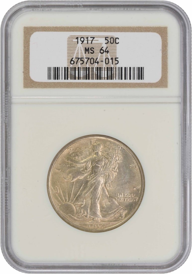 MS64 NGC 1917 Liberty Walking 50C Silver Coin Philadelphia Mint: MS64 NGC 1917 Liberty Walking 50C Silver Coin Philadelphia Mint This 1917 Walking Liberty Half Dollar is an uncirculated coin graded MS64 by NGC. Minted in Philadelphia, it is composed of 90% silver a