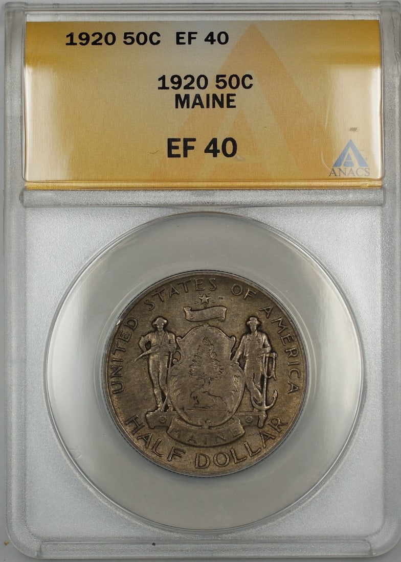 ANACS EF-40 1920 Maine Silver Commemorative Half Dollar Coin: ANACS EF-40 1920 Maine Silver Commemorative Half Dollar Coin This is a 1920 Maine Commemorative Silver Half Dollar 50 cent coin, graded EF-40 (Extremely Fine) by ANACS. The coin was minted in Philadel
