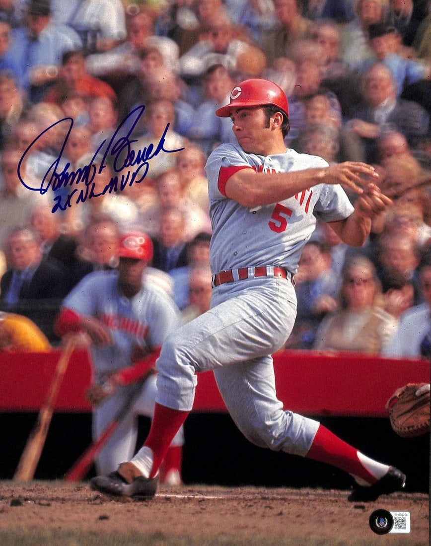 Johnny Bench autographed 11x14 Reds photo 2X NL MVP Beckett: Johnny Bench autographed 11x14 Reds photo 2X NL MVP Beckett This 11x14 action photograph features Cincinnati Reds legend Johnny Bench, personally hand-signed and inscribed with "2X NL MVP." Authentica