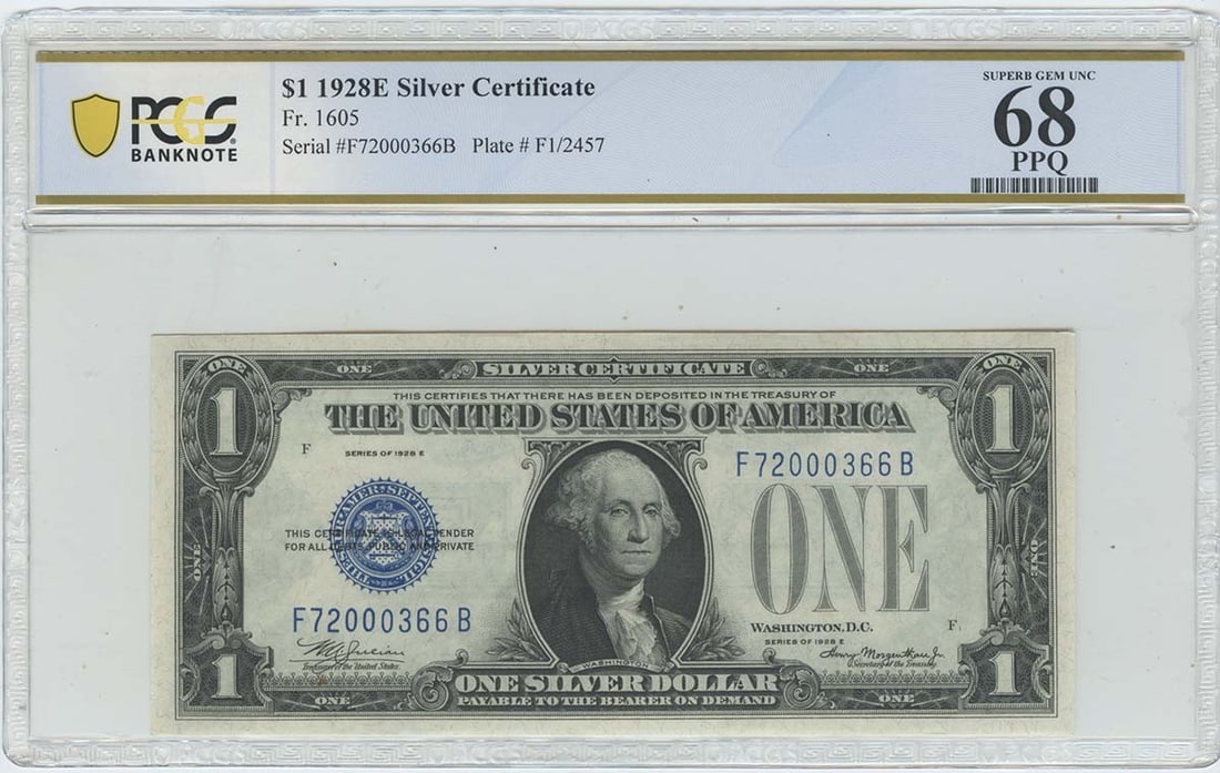 PCGS MS68 1928E $1 Silver Certificate FR1605 Uncirculated Banknote: PCGS MS68 1928E $1 Silver Certificate FR1605 Uncirculated Banknote This is a 1928 $1 Silver Certificate, type FR# 1605, professionally graded by PCGS Banknote as Superb Gem MS68 PPQ. The note is uncir