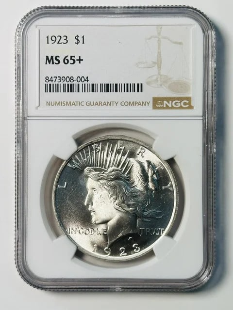 NGC MS 65+ 1923 Peace Silver Dollar: NGC MS 65+ 1923 Peace Silver Dollar A 1923 Peace Dollar certified by NGC and graded MS 65+. The coin is composed of silver and is listed as pre-owned. Specifications Year: 1923 Denomination: Dollar Co