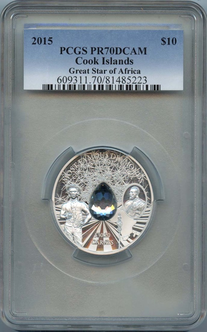 PCGS PR70CAM 2015 $10 Great Star of Africa Coin from Cook Islands: PCGS PR70CAM 2015 $10 Great Star of Africa Coin from Cook Islands This is a 2015 $10 Cook Islands Great Star of Africa coin, graded PR70 by PCGS. The coin is uncirculated and certified with the number