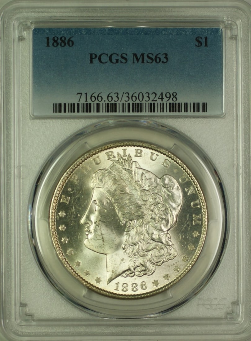 PCGS MS63 1886 Morgan Dollar Silver Philadelphia Mint: PCGS MS63 1886 Morgan Dollar Silver Philadelphia Mint This 1886 Morgan Silver Dollar is a $1 coin from the United States, graded MS-63 by PCGS. It is composed of silver and was minted in Philadelphia.