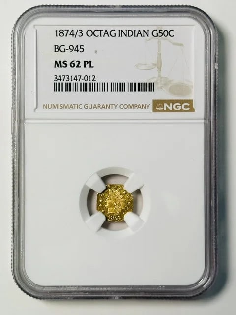 NGC MS-62 PL 1874 3 California Indian Head Gold Dollar BG-945: NGC MS-62 PL 1874 3 California Indian Head Gold Dollar BG-945 1874/3 Territorial Gold California Indian Head dollar certified by NGC and graded MS 62 PL. This pre-owned coin is composed of gold and or