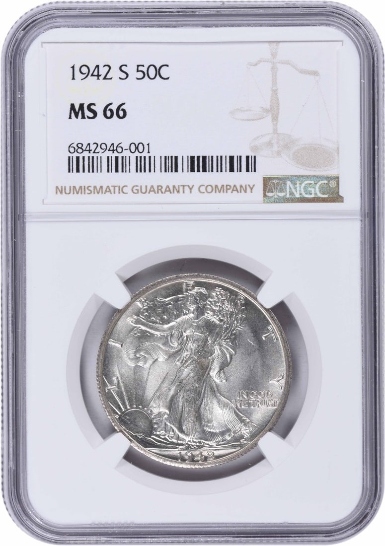 NGC MS66 1942-S Liberty Walking 50C 90 Percent Silver Half Dollar: NGC MS66 1942-S Liberty Walking 50C 90 Percent Silver Half Dollar This 1942-S Walking Liberty Half Dollar is certified MS66 by NGC. Struck in the United States, the coin is composed of 90% silver and 