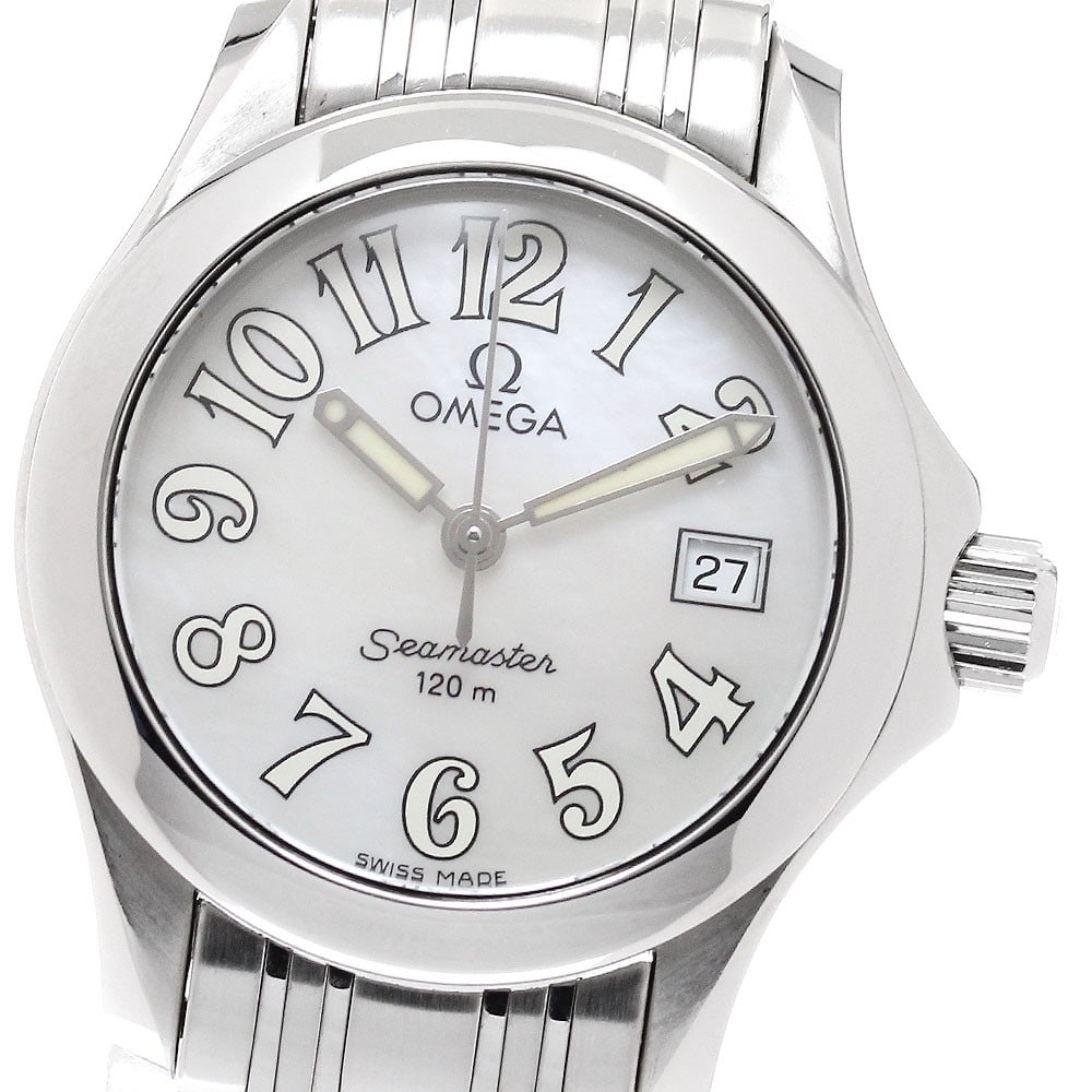 Omega Seamaster 120 Quartz Ladies Date Watch 2581.70: Omega Seamaster 120 Quartz Ladies Date Watch 2581.70 This OMEGA Seamaster 120 Date Quartz ladies wristwatch features a stainless steel case and bracelet with a white mother-of-pearl dial. The watch is