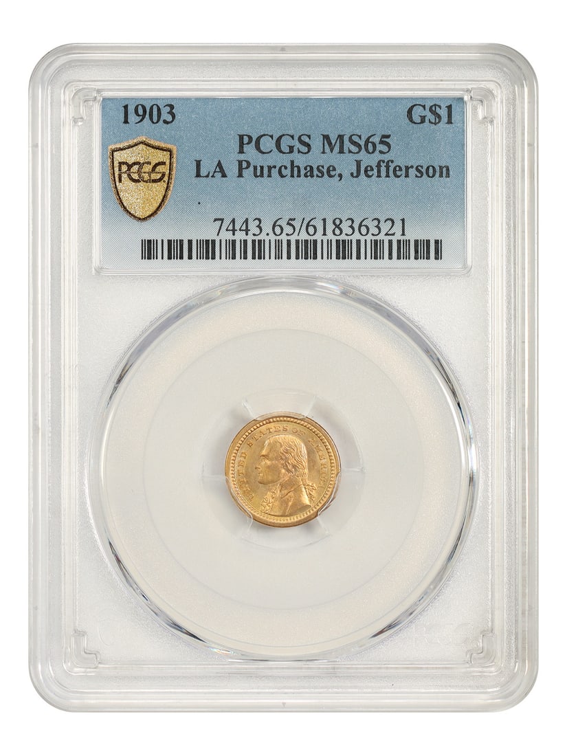 1903 Jefferson LA Purchase G$1 PCGS MS65 Gold Commemorative: 1903 Jefferson LA Purchase G$1 PCGS MS65 Gold Commemorative 1903 G$1 LA Purchase Jefferson gold commemorative coin certified by PCGS MS65. Struck at the Philadelphia Mint, this uncirculated piece is p