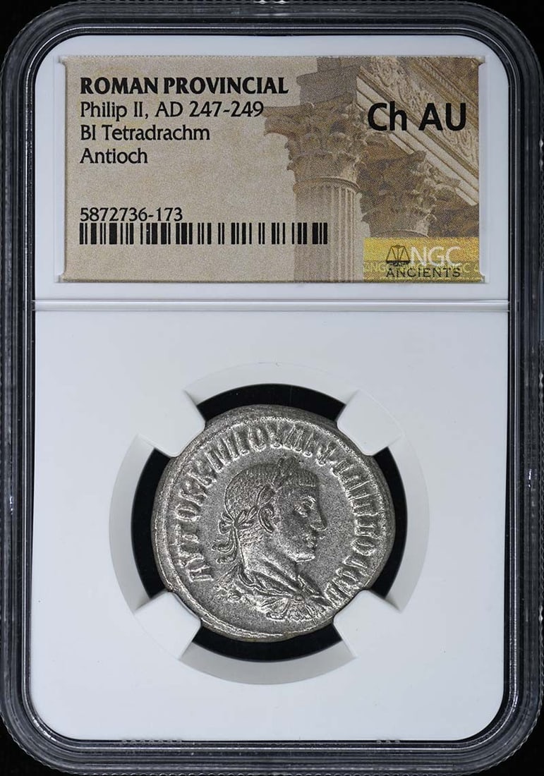 Roman Provincial Tetradrachm of Philip II NGC Certified Choice AU: Roman Provincial Tetradrachm of Philip II NGC Certified Choice AU This Roman Provincial BI Tetradrachm features Philip II and dates from AD 247-249. Graded Ch AU by NGC, the coin originates from Italy