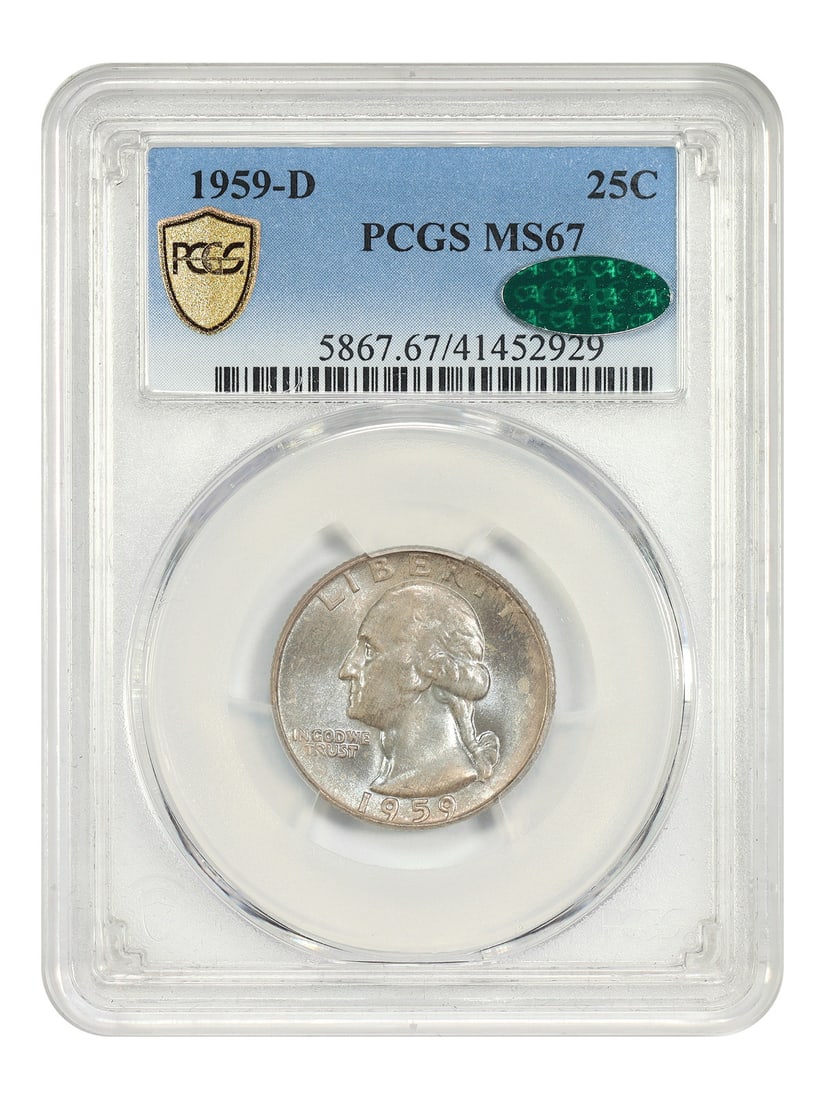 Washington Quarter 1959-D 25C PCGS MS67 CAC: Washington Quarter 1959-D 25C PCGS MS67 CAC A 1959-D Washington Quarter certified by PCGS and graded MS67. The coin is described as a lofty original gem with sky blue tones, and PCGS has graded just s