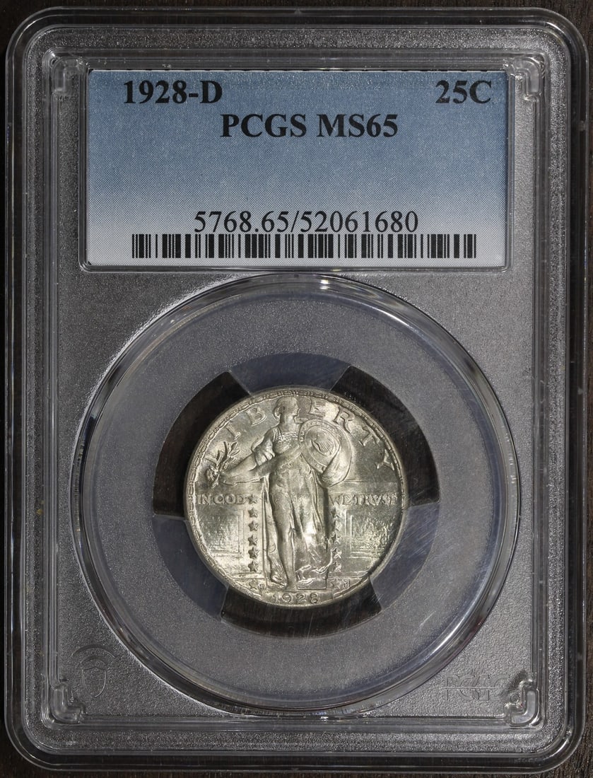 NGC MS65 1928-D Standing Liberty Quarter 25C Silver: NGC MS65 1928-D Standing Liberty Quarter 25C Silver This is a 1928-D Standing Liberty Quarter graded MS65 by NGC. The coin is uncirculated and composed of silver with a fineness of 0.9. It was minted 