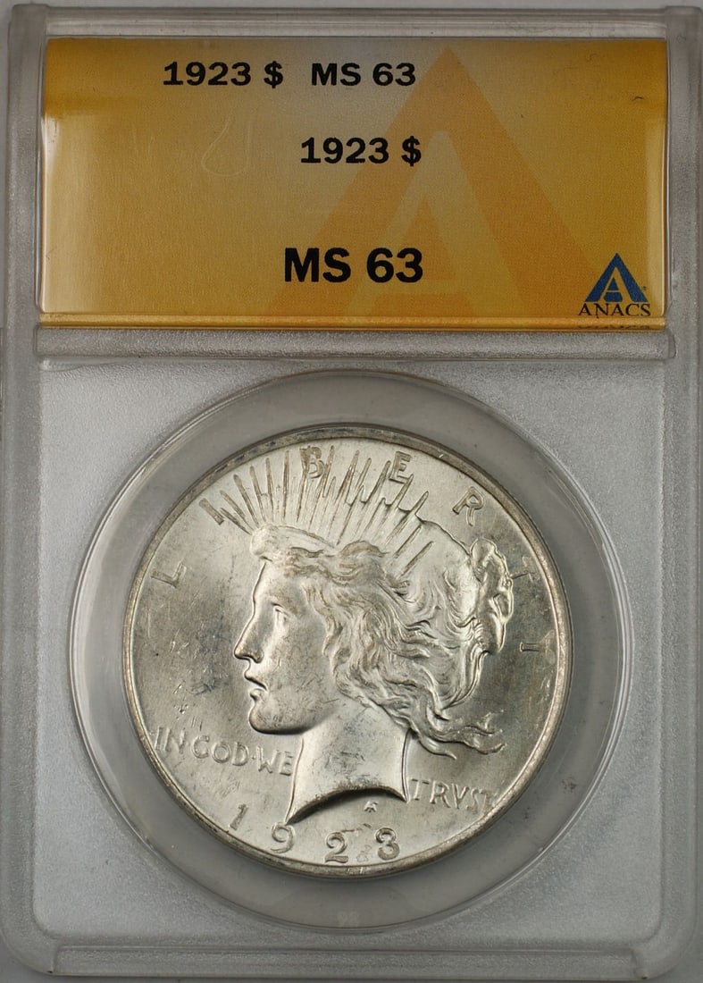 ANACS MS 63 1923 Peace Dollar Silver Coin: ANACS MS 63 1923 Peace Dollar Silver Coin This 1923 Peace Silver Dollar coin is certified by ANACS with a grade of MS 63, indicating it is in uncirculated condition. Minted in Philadelphia, the coin i