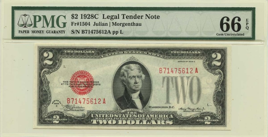 1928C $2 Legal Tender Note Fr# 1504 PMG Gem 66 EPQ: 1928C $2 Legal Tender Note Fr# 1504 PMG Gem 66 EPQ This 1928C $2 Legal Tender Note, identified as Fr# 1504, is a remarkable piece for collectors. It is certified by PMG with a grade of Gem 66 EPQ, ind