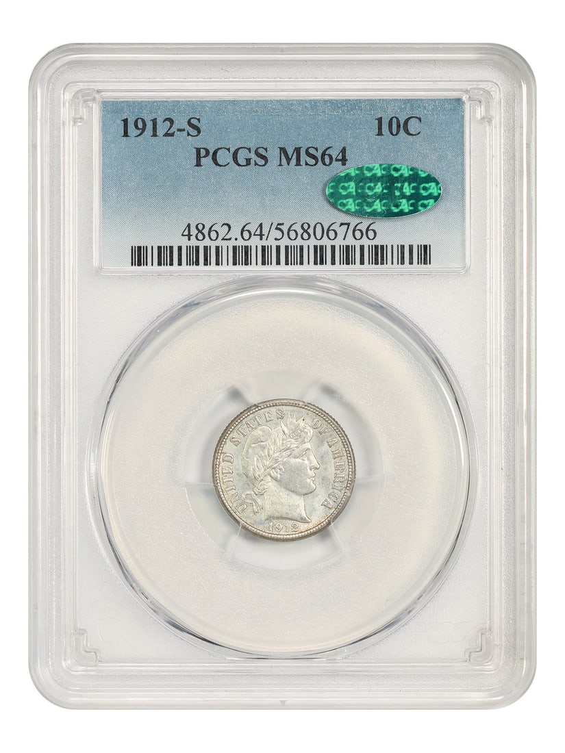 Barber Dime 1912-S 10C MS64 PCGS CAC: Barber Dime 1912-S 10C MS64 PCGS CAC 1912-S Barber Dime, denomination 10C, from the San Francisco Mint. The coin is uncirculated and certified by PCGS, with certification number 56806766. Condition is