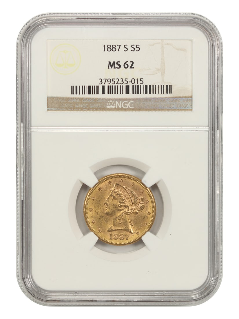 NGC MS62 1887-S Liberty Head Half Eagle $5 Gold Coin: NGC MS62 1887-S Liberty Head Half Eagle $5 Gold Coin An 1887-S Liberty Head $5 gold coin certified by NGC and graded MS62. The coin is described as pre-owned and was struck at the San Francisco mint. 