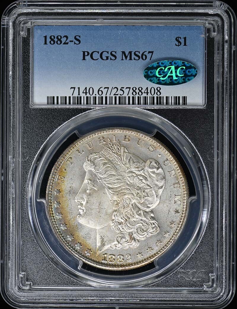1882-S Morgan Dollar PCGS MS67 CAC Uncirculated San Francisco: 1882-S Morgan Dollar PCGS MS67 CAC Uncirculated San Francisco This 1882-S Morgan Dollar is certified by PCGS with a grade of MS67, indicating its uncirculated condition. Minted in San Francisco, this 