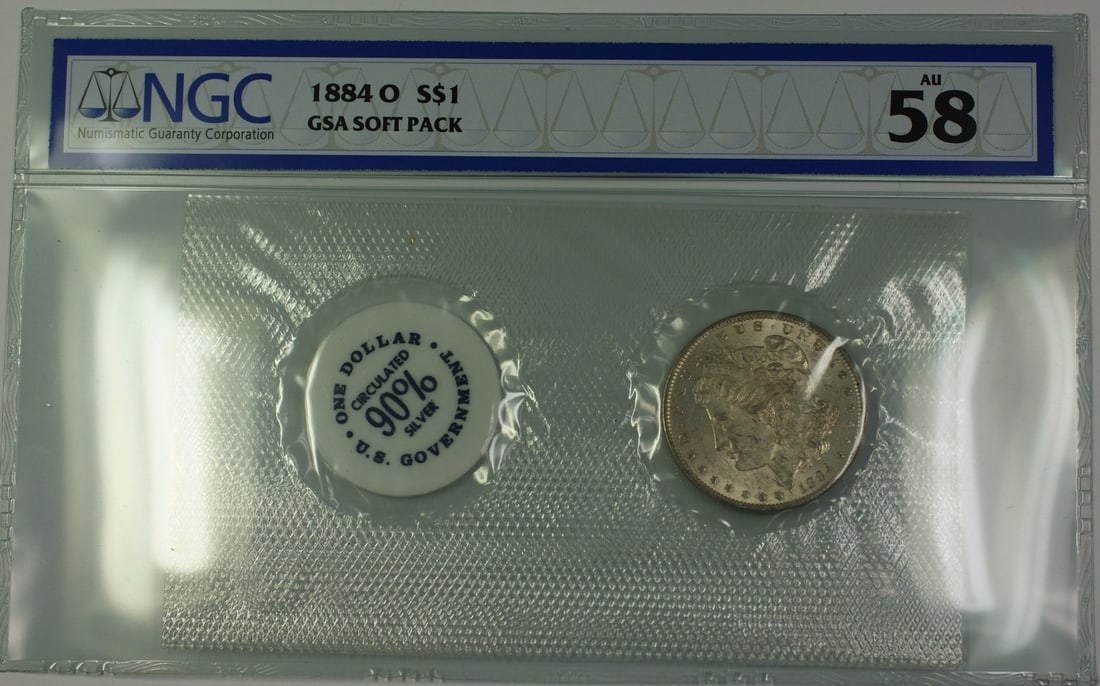 NGC AU 58 1884-O Morgan Dollar from GSA Hoard Soft Pack: NGC AU 58 1884-O Morgan Dollar from GSA Hoard Soft Pack This is an 1884-O Morgan Silver Dollar from the GSA Hoard, presented in a soft pack. The coin is certified by NGC with an AU-58 grade and was mi