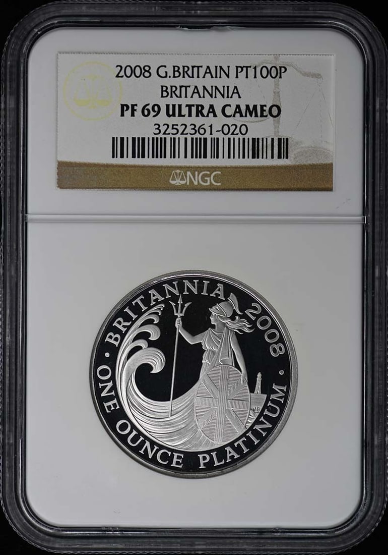 1oz Platinum 2008 Britannia PT100P Coin NGC PR69DCAM United Kingdom: 1oz Platinum 2008 Britannia PT100P Coin NGC PR69DCAM United Kingdom This 2008 Great Britain Britannia platinum coin contains 1 ounce of platinum and has been certified by NGC with a PR69 grade. It is 