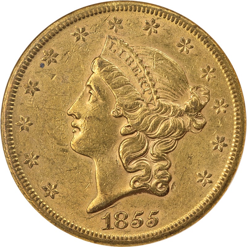 1855-S Liberty Head $20 Gold NGC AU55: 1855-S Liberty Head $20 Gold NGC AU55 This 1855-S Type 1 Liberty Gold $20 coin is graded AU55 by NGC. It features attractive eye appeal, strong strike, and vibrant luster. The coin displays nice color