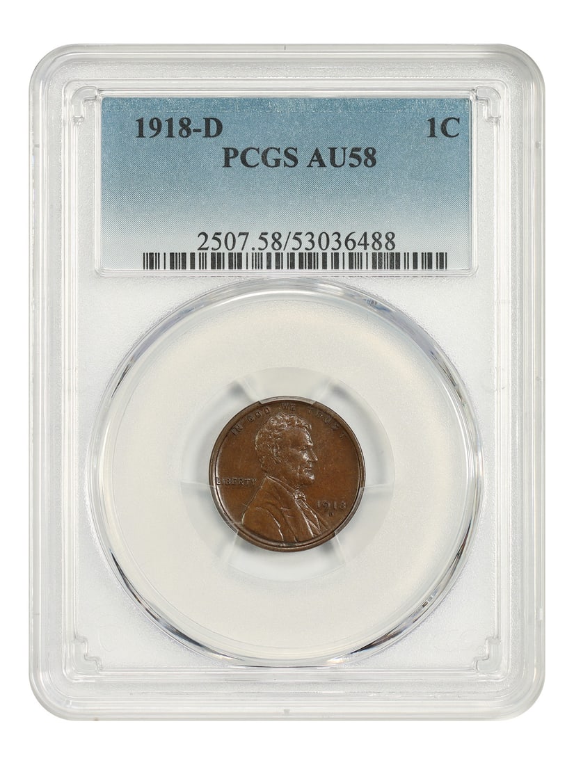 PCGS AU58 1918-D Lincoln Wheat Cent 1C BN Denver Mint: PCGS AU58 1918-D Lincoln Wheat Cent 1C BN Denver Mint This 1918-D Lincoln Cent (Wheat Reverse) is a circulated coin from the Denver mint, certified by PCGS with a grade of AU58. It is identified as co